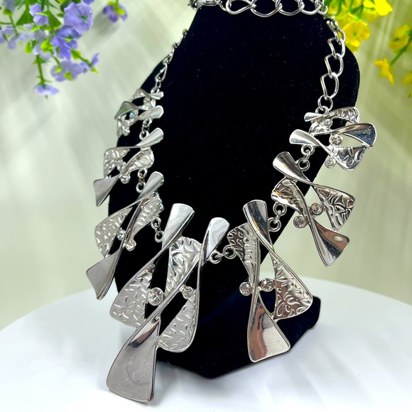 Abstract Art Deco Statement Necklace with White Crystal Accents - Picture 3 of 6